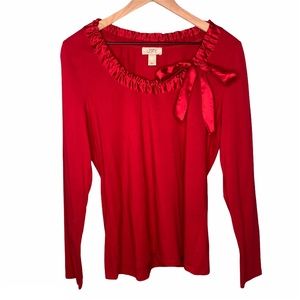 Ann Taylor Loft Red Satin Bow Long Sleeve Top